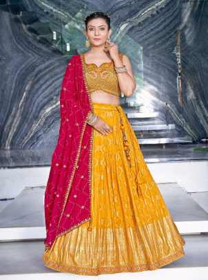 Elegant Yellow Ready Made Lehenga choli With Pink Dupatta