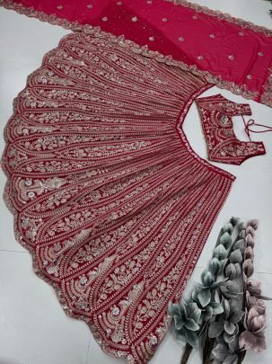 Elegent Bridal Wear Fuax Georgette With Sequence Work Pink Lehenga
