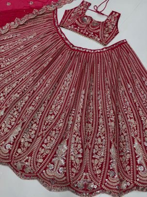 Elegent Bridal Wear Fuax Georgette With Sequence Work Pink Lehenga