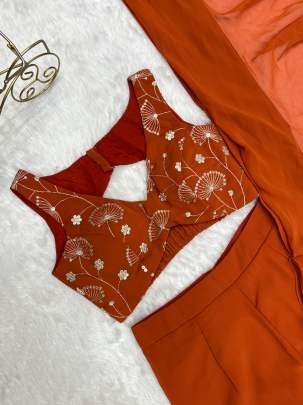 Elegent Fully Sttiched Ready To Wear Sharara Saree In Orange Colour