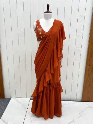 Elegent Fully Sttiched Ready To Wear Sharara Saree In Orange Colour