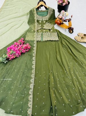Elegent Mehandi Green Party Wear Lehenga Set