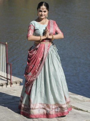 Elevate Your Style With Our Stunning Sky Blue Kalamkari Lehenga Set