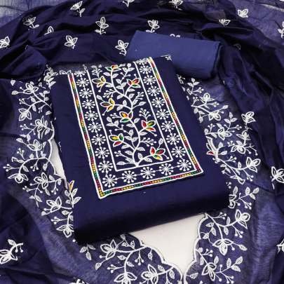 Embroidered Chanderi Dark Blue Dress Material