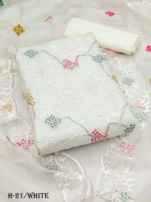 White Organza Embroidered Work Unstitched Suit