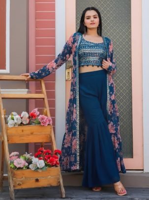 Embroidered Teal Blue Stylish Top-pant & Shrug   