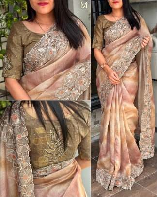 Embroidered Work Mustard Cotton Silk Saree