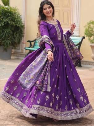 Embroidered Work Purple Gown With Dupatta