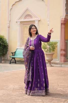 Embroidered Work Purple Gown With Dupatta