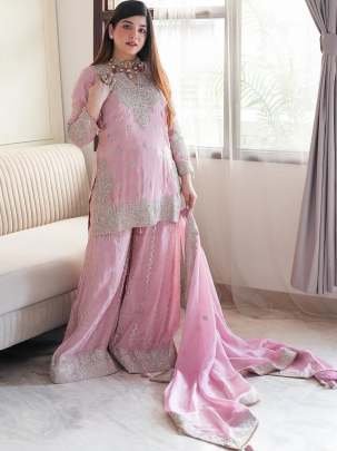 Embroidery Sequence Work Baby Pink  Gharara Suit