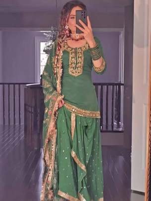 Embroidery,Sequence Work Green  Top Dhoti and Dupatta Set