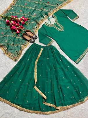 Embroidery,Sequence Work Green  Top Dhoti and Dupatta Set