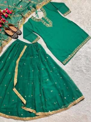 Embroidery,Sequence Work Green  Top Dhoti and Dupatta Set