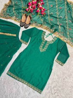 Embroidery,Sequence Work Green  Top Dhoti and Dupatta Set