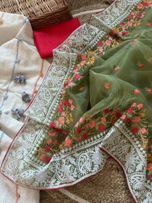 Embroidery Work Organza Silk Mehendi Saree