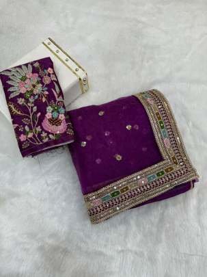 Embroidery Work Purple Organza Silk Saree