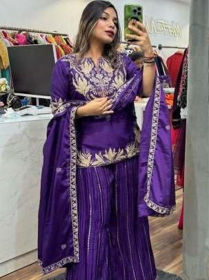 Embroidery Work Purple Top Sharara Dupatta Set