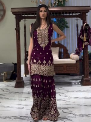 Ethereal Grace Fox Georgette Wine Heavy Sharara Suit