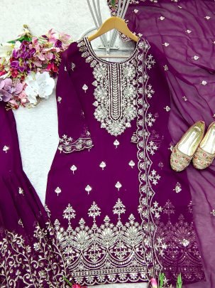 Ethereal Grace Fox Georgette Wine Heavy Sharara Suit