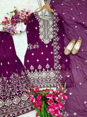 Ethereal Grace Fox Georgette Wine Heavy Sharara Suit