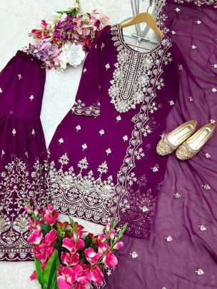 Ethereal Grace Fox Georgette Wine Heavy Sharara Suit