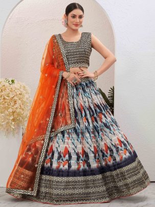 Ethnic Silk Blend Embroidered Off White and Blue Lehenga Choli 