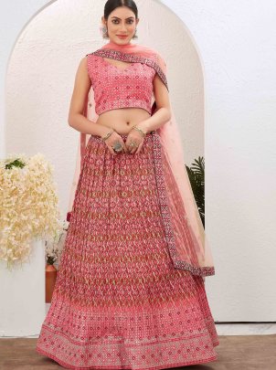 Ethnic Silk Blend Embroidered Pink Lehenga Choli 