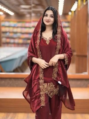 Ethnic Style Maroon Fully Stitched Kurti Pant Set