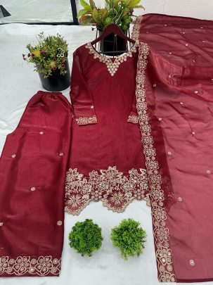 Ethnic Style Maroon Fully Stitched Kurti Pant Set