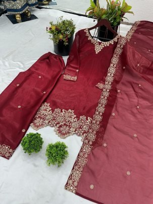 Ethnic Style Maroon Fully Stitched Kurti Pant Set