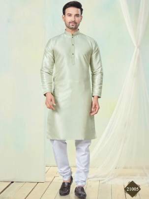 Exclusive Classic Light Pista Pure Silk Men Kurta With Bottom