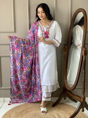 Exclusive Collection Of White Chanderi Silk Kurtis Pant Dupatta Set