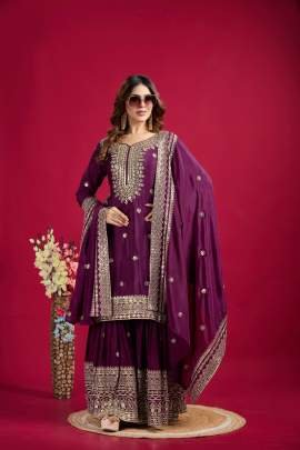 Exclusive Designer Heavy Work Pure Heavy Chinon Silk Sharara Suits Set