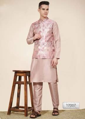 Exclusive Gents Peach Plain Pure Silk Kurta Koti Set