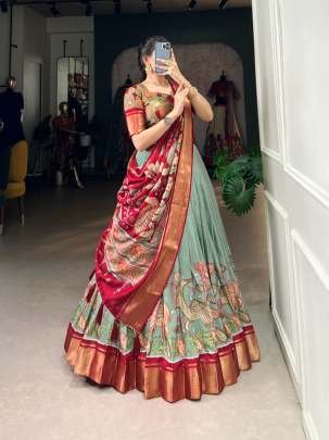 Exclusive Kalamkari Printed Dola Silk Lehenga For Women
