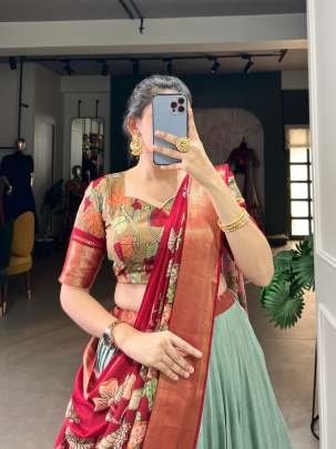Exclusive Kalamkari Printed Dola Silk Lehenga For Women