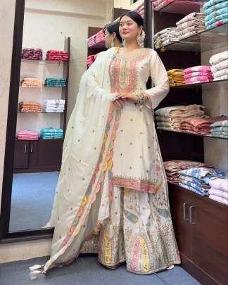 Exclusive New White Heavy Chinon Silk  Sharara Suit Set 