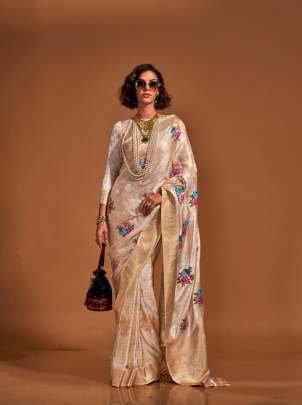 Exclusive Off White Floral Printed Satin Silk Saree