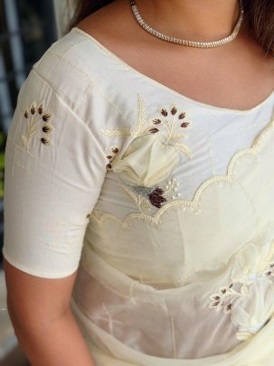 Exclusive Party Wear White Saree With Beautiful Hand Applique Work