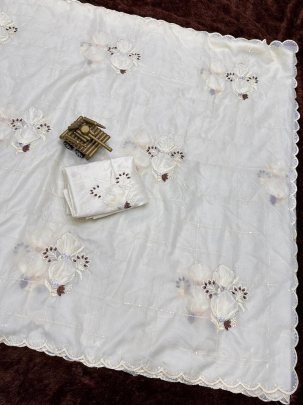 Exclusive Party Wear White Saree With Beautiful Hand Applique Work