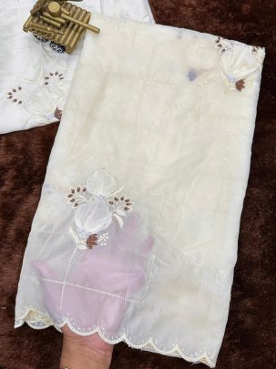 Exclusive Party Wear White Saree With Beautiful Hand Applique Work