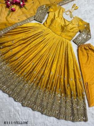 Exclusive Party Wear Yellow Readymade Gown With 9MM Sequence And Embroidery Work