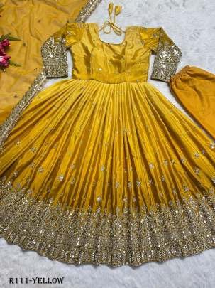 Exclusive Party Wear Yellow Readymade Gown With 9MM Sequence And Embroidery Work