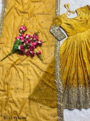 Exclusive Party Wear Yellow Readymade Gown With 9MM Sequence And Embroidery Work