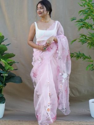 Exclusive Pink Pure Organza Silk Hand Painted Saree