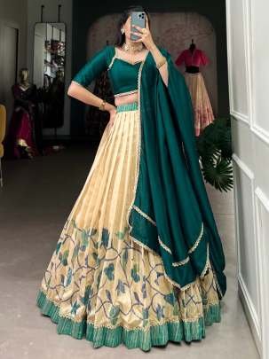 Exclusive Premium Green Silk Lehenga With Printed with Lace Touch Up