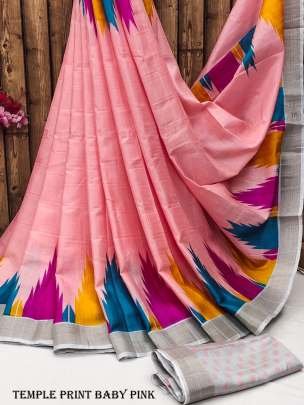 Exclusive Temple Print Baby Pink Tussar Silk Saree