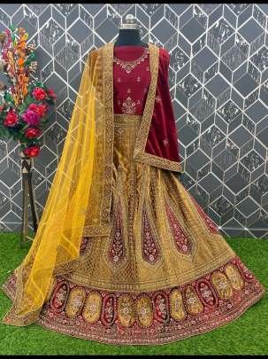 Fabulous Mustard Embroidered Velvet Bridal Lehenga Choli With Dupatta