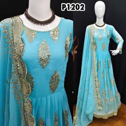 Fabulous Sky Blue Embroidery Gown Pant Dupatta Set