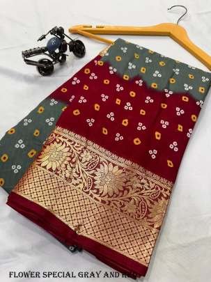 Fancy Dola Silk Bandhani Gray And Red Saree